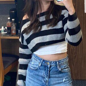 Striped Off-Shoulder Long-Sleeve Knit Sweater